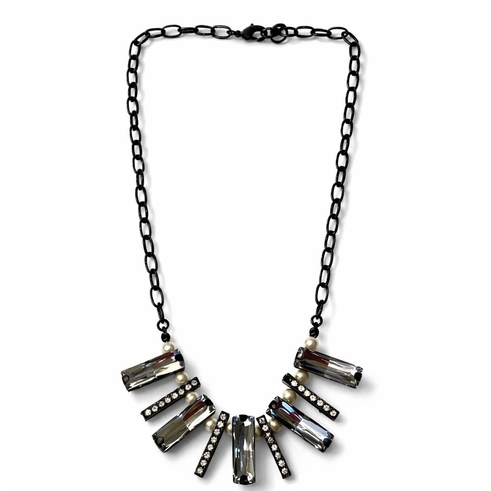 Pearl and crystal statement necklace in gunmetal link with lobster clasp